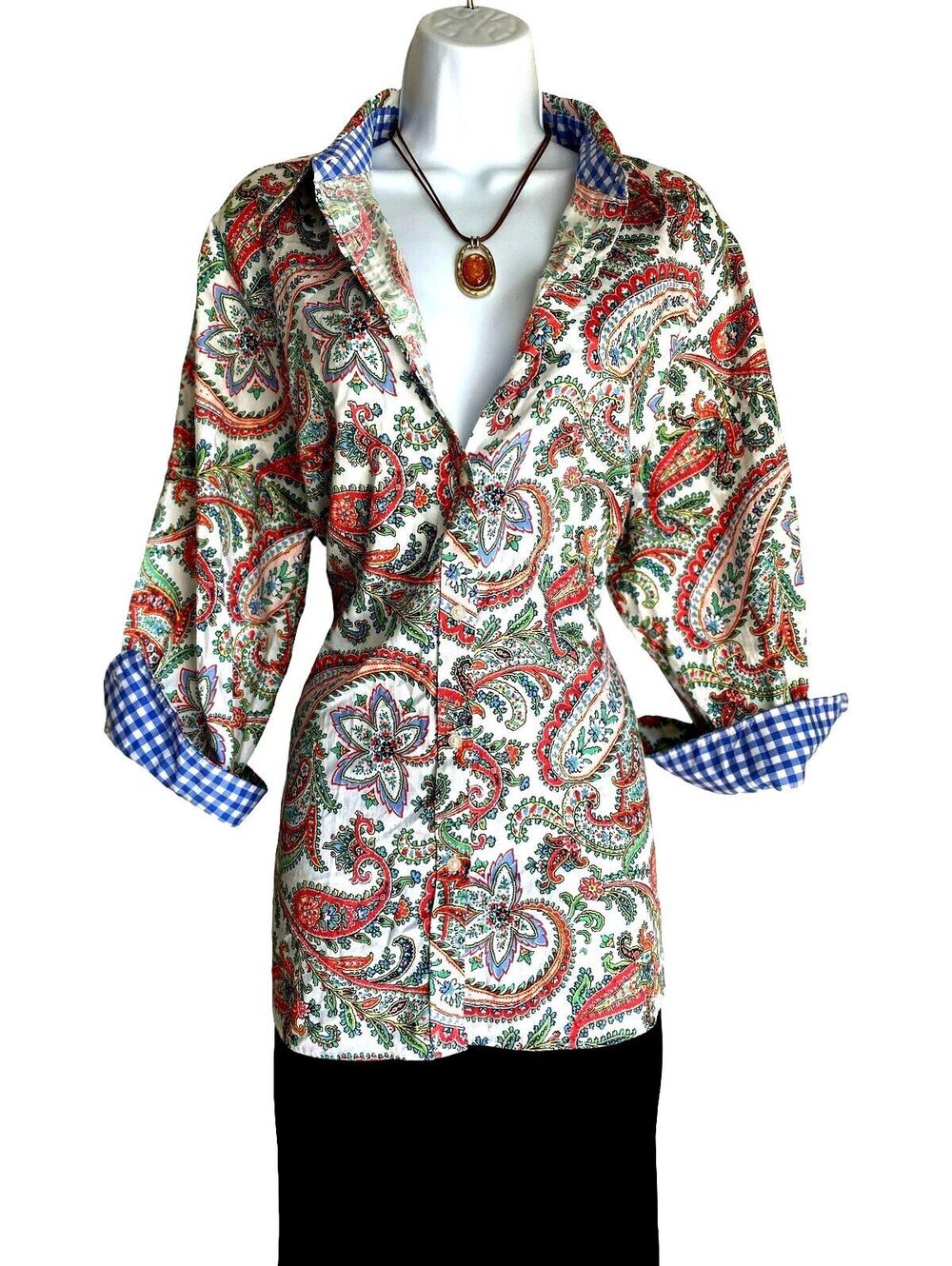 VTG Chaps Women Plus 2X Boho Paisley Button Up Tunic Blouse Fall Whimsigoth Top